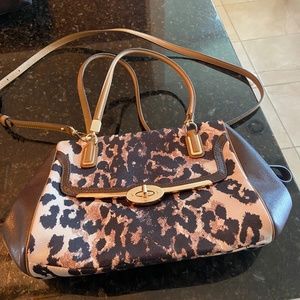 NEW Leopard print Coach purse with gold accents and coral satin lining on inside